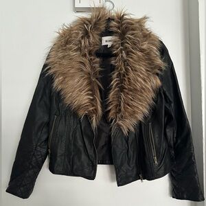 BB Dakota Black Leather Jacket with Detacheable Brown Fur Collar
